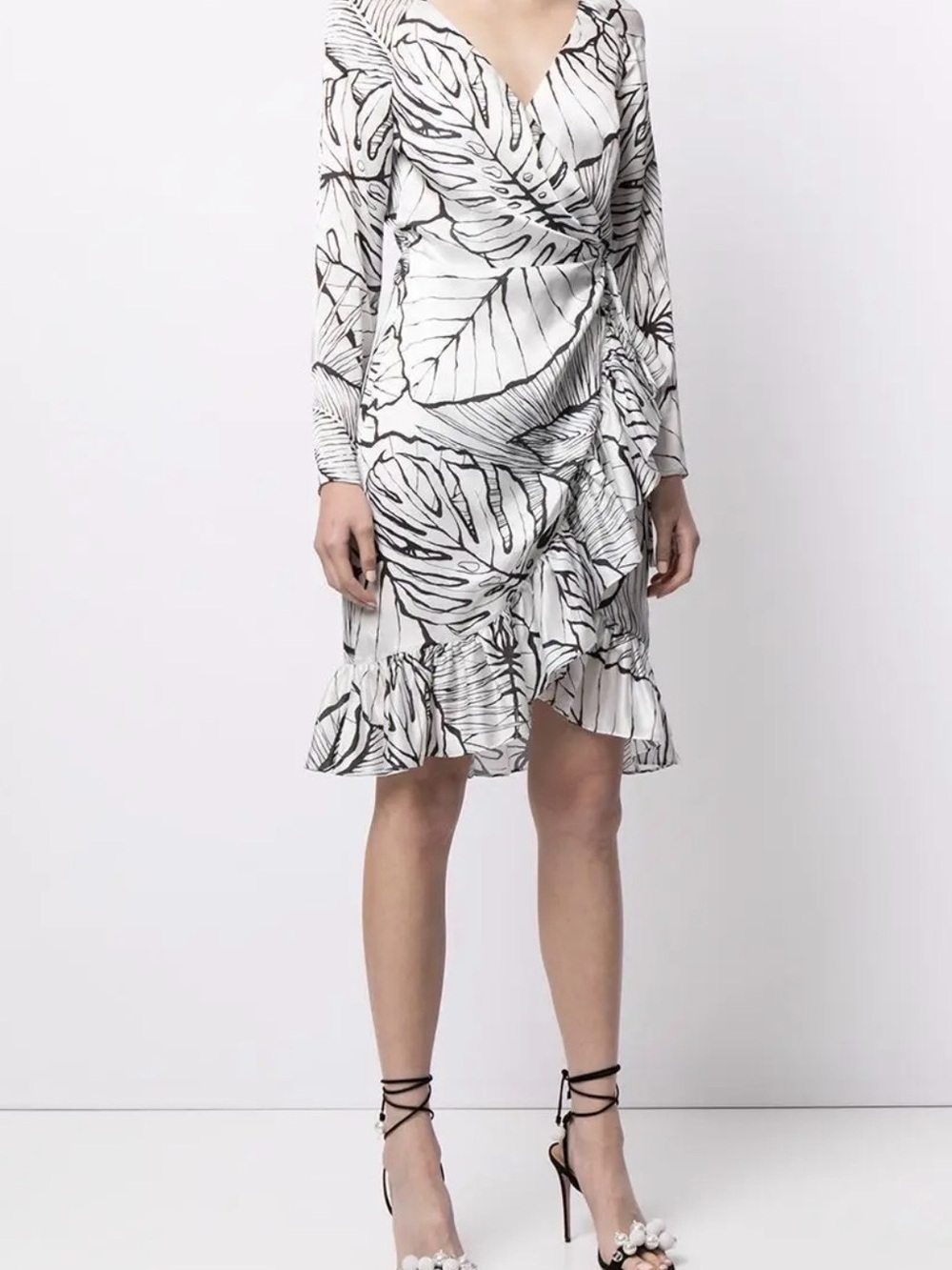 Black & White Leaf-Print Long-Sleeve Wrap Dress